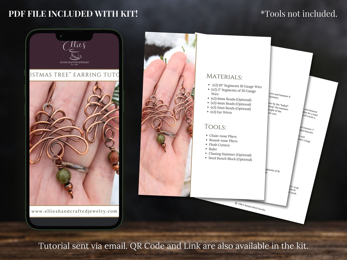 Jewelry-making kit with earring templates, materials list, and tools required on a wooden surface.