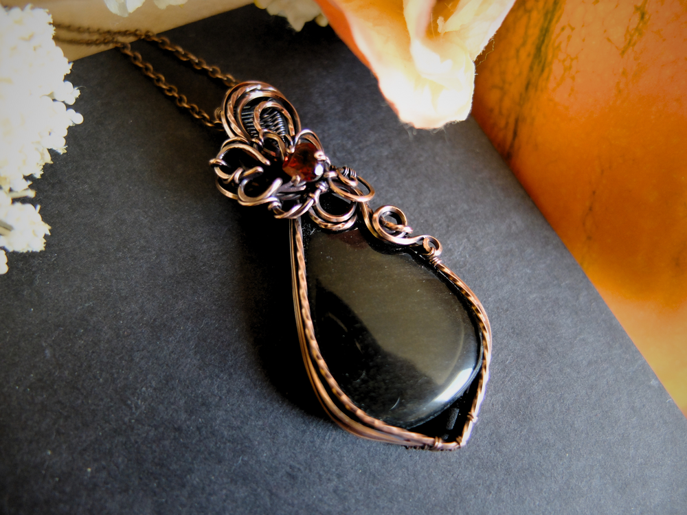 Gold Sheen Obsidian & Garnet Pendant in Copper